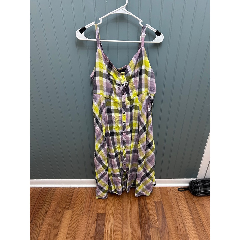 Torrid Plaid Midi Dress Size 1 Yellow Purple Check‎ Button Front Smocked Pocket